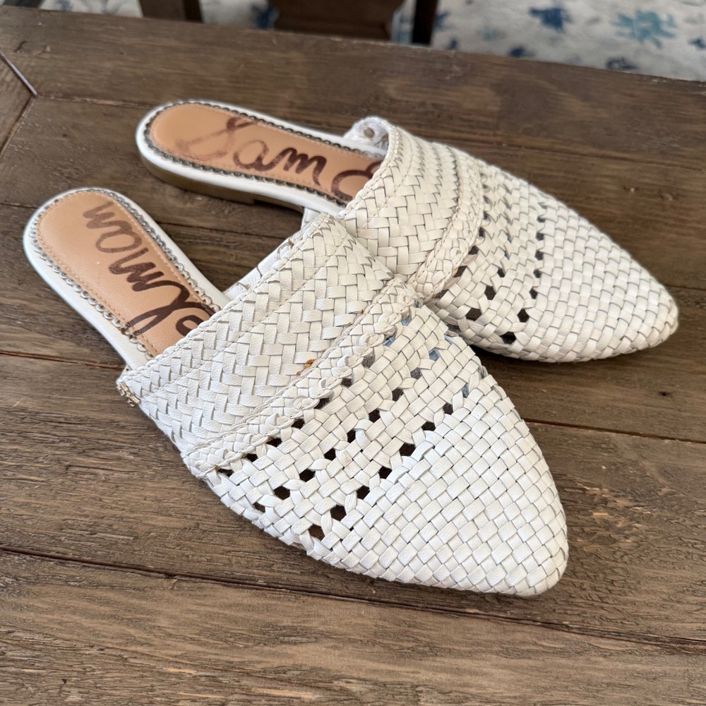 Sam‎ Edelman Natalya White Woven Leather Pointed Toe Flat Mules Slides size 8